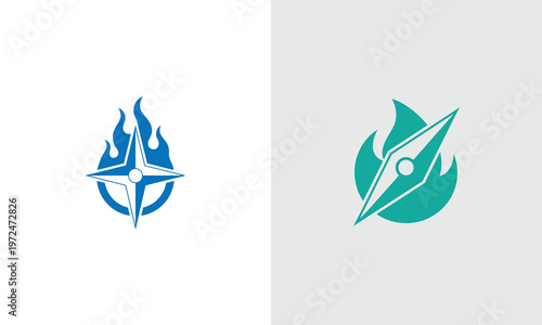 Vector graphic illustrations of two stylized flame icons with a compass and a pen nib symbolizing creativity and direction in a modern design vector illustration symbol 