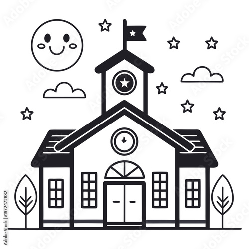 kindergarten building silhouette icon isolated on white background, simple educational facility vector, minimal flat design kids school structure