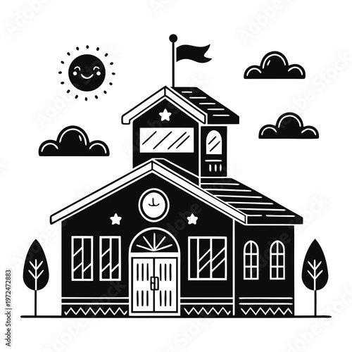 kindergarten building silhouette icon isolated on white background, simple educational facility vector, minimal flat design kids school structure