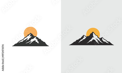 Vector illustration of mountain range with sunset, Silhouette landscape with snow capped peaks and orange sun vector illustration symbol 
