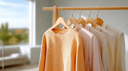 High quality photo of a capsule wardrobe featuring a variety of neutral-toned clothing items hanging on a wooden rack in a bright, modern interior space