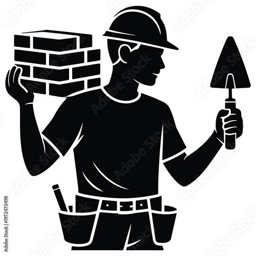 Silhouette of a bricklayer holding bricks and trowel, wearing hard hat and tool belt.