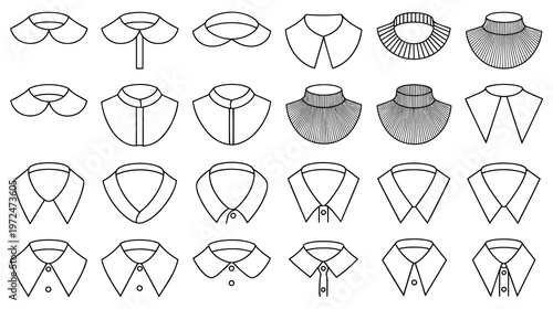 Collection of various collar styles for shirts and blouses, line art illustration.