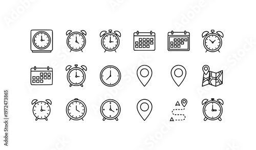 Time and location scheduling thin line icon set with clock calendar and map symbols for web and app design