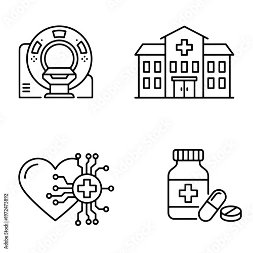 A diverse compilation of four medical icons depicting advanced diagnostic technology, hospital facilities, digital cardiology, and pharmaceutical treatment. icon Vector illustration