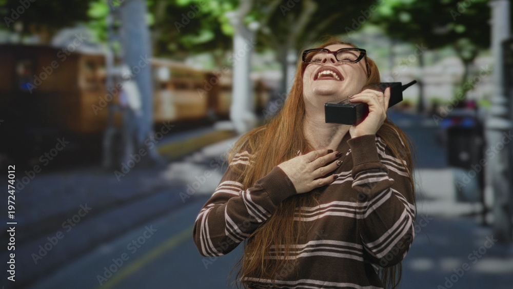 Fototapeta premium Redhead woman laughing while holding a large cellphone on street with hand on chest and wearing glasses; joyful surprise.