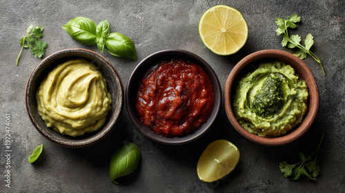 Three bowls of salsa guacamole and tomato sauce with herbs