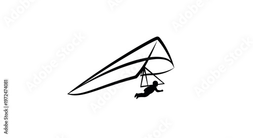 Silhouette of a hang glider pilot in flight against a white background