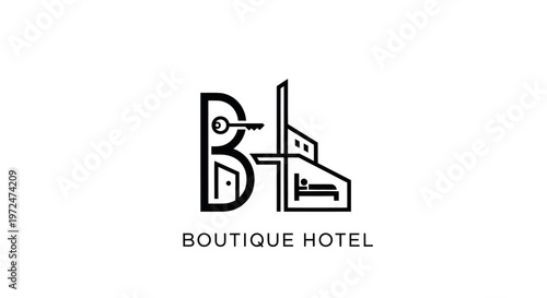 Boutique Hotel Logo Design: Key, Door, Building, Bed Icons