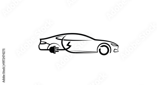 Electric car sketch with charging plug icon and lightning bolt symbol