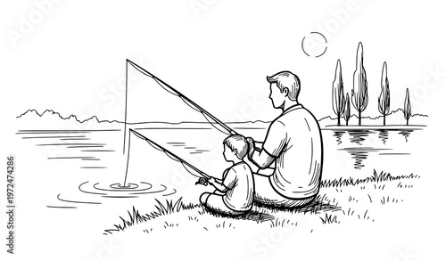 Father and son fishing line art vector illustration