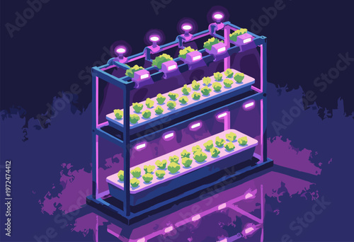 isometric illustration multitiered hydroponic vertical farming setup Glowing purple LED grow lights bright green lettuce AgTech sustainability concept Dark background No text