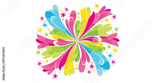 Abstract explosion of vibrant multi colored shapes and stars creating a festive and dynamic composition on a white background.