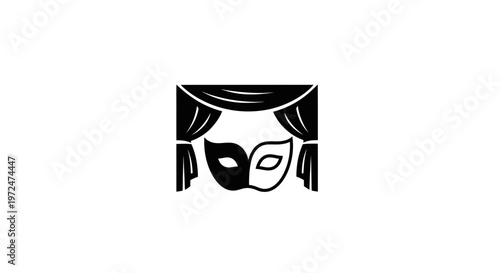 Theater stage with curtains and a masquerade mask icon