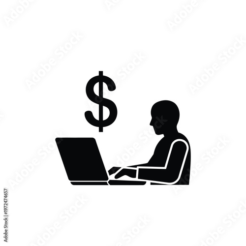 A silhouette of a person working on a laptop with a dollar sign hovering above symbolizing online earnings