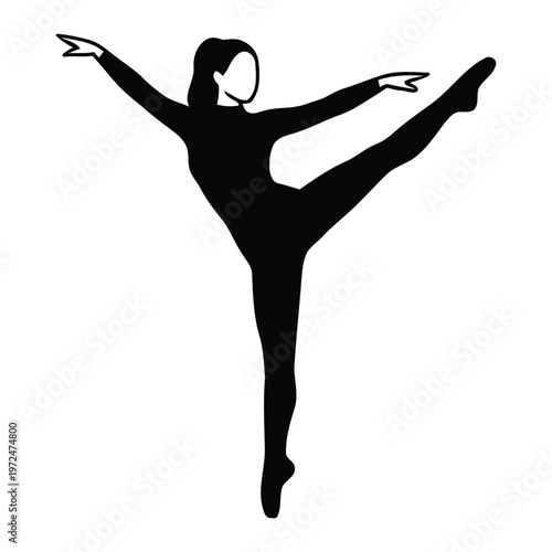 Minimalist vector silhouette of a female K-pop idol dancing in a bodysuit, elegant dance pose with high kick, isolated on white background