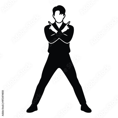 Minimalist vector silhouette of a male K-pop idol in a confident dance pose with crossed arms, isolated on white background