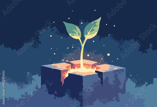 isometric massive, glowing seed sprouting upward through crack concrete block Resilience breakthrough concept High contrast lighting No text