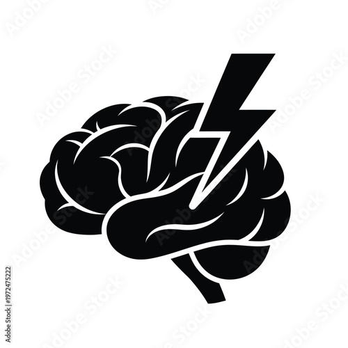 A striking black silhouette depicts a human brain intersected by a bold lightning bolt symbol high quality