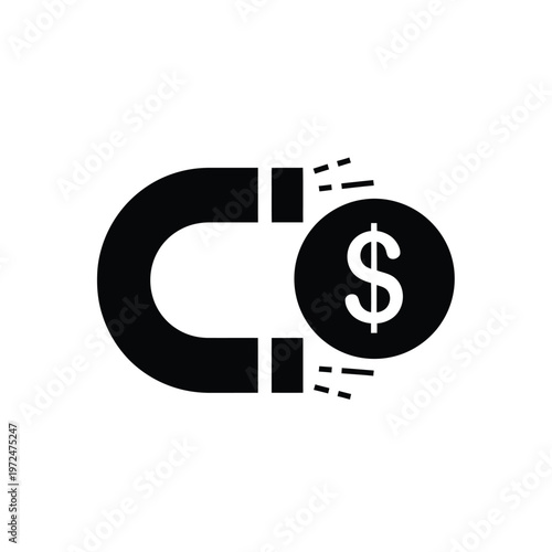 A simple black icon depicts a horseshoe magnet powerfully attracting a circular dollar sign symbol high quality