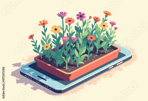 isometric illustration giant smartphone acting as planter box, lush, vibrant vines flowers growing directly out screen Digital detox or growth app concept No text