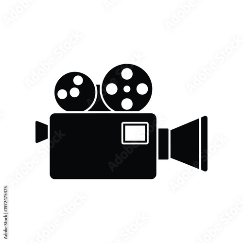 A minimalist black silhouette depicts a vintage super 8 movie camera evoking nostalgia for filmmaking high quality