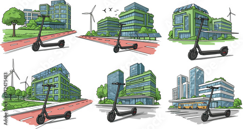 Modern sustainable city buildings with wind turbines and green energy urban infrastructure illustration set featuring eco friendly architecture concepts