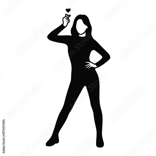 Minimalist vector silhouette of a female K-pop idol making a finger heart gesture, stylish girl group member posing, isolated on white background