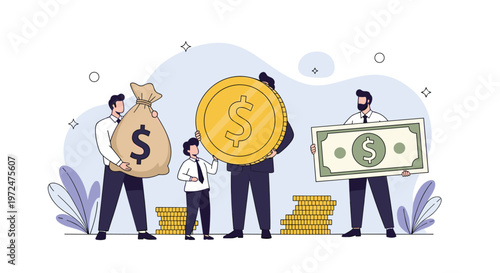 Group of business people proudly holds up large money symbols, including a coin, banknote, and money bag, illustrating financial success and investment.