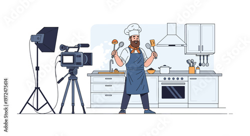Happy male chef records a cooking show in a modern kitchen, showcasing culinary skills and passion for food through media production.
