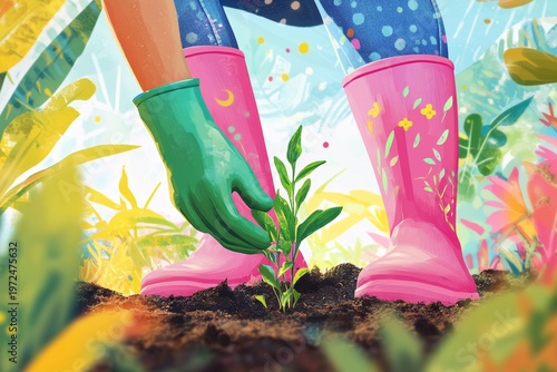 Colorful gardening: close-up of planting in vibrant boots and gloves