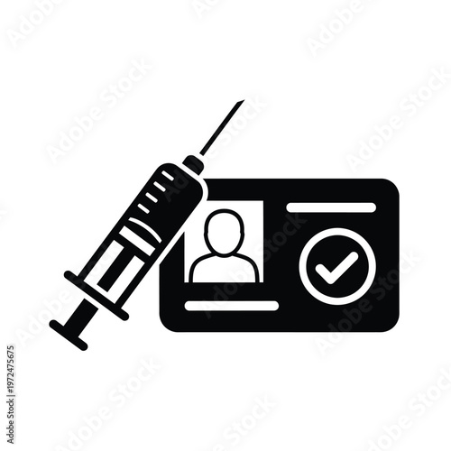 A black silhouette depicts a syringe positioned above an identification card with a checkmark high quality professional