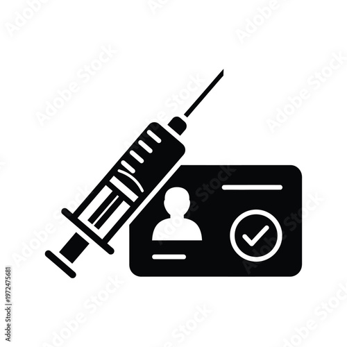 A black silhouette depicts a syringe lying across a digital vaccination card with a checkmark icon