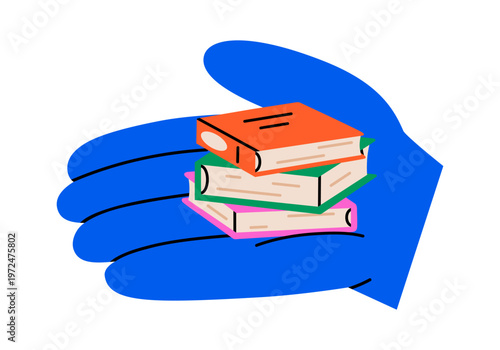 Hand drawn cute illustration human hand with stack of books. Flat vector arm holding paper fiction literature doodle. Reading or education. Academic resourse sticker. Personal growth icon. Isolated.