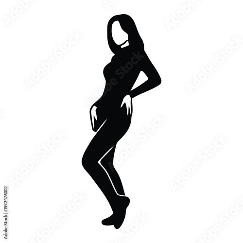 Minimalist vector silhouette of a female K-pop idol posing in a bodysuit, elegant girl group member fashion pose, isolated on white background