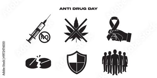 Black silhouette icon set for International Day Against Drug Abuse and Illicit Trafficking — featuring crossed pill & syringe, no‑symbol, shield with capsule, awareness ribbon, hand stop sign, chain 