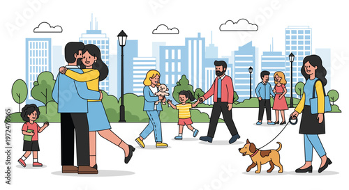 Diverse people enjoy a vibrant city park, with couples embracing, families walking with children, and a woman strolling with her dog, portraying urban community life.