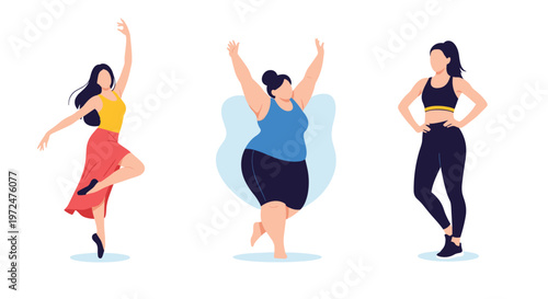 Three women depict different body types and active lifestyles, illustrating concepts of body positivity, dance, and fitness, promoting health and self-acceptance.