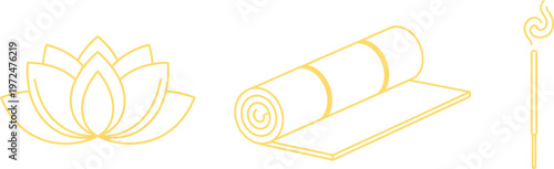 Set of minimalist golden line art icons for yoga and meditation featuring a lotus flower yoga mat and incense stick ideal for wellness apps or spiritual branding