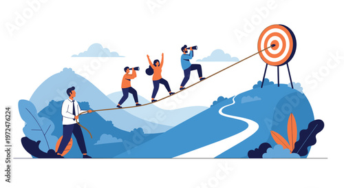 Team of business people collaborates to reach a target, with one pulling a rope and others walking a tightrope, symbolizing teamwork and ambitious goal achievement.