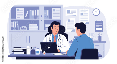 Male doctor consults with a male patient in a modern office, providing compassionate medical advice and a thorough check-up, symbolizing healthcare professionalism.