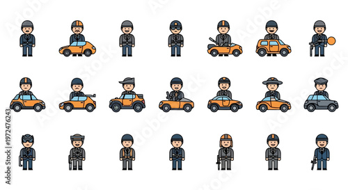Pixel Art Characters Driving Cars and Standing.