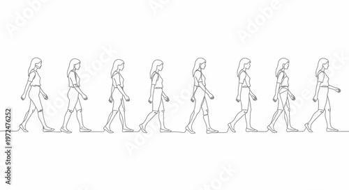Sequence of a woman walking in a line drawing.