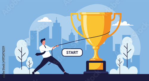 Determined businessman pulls a giant golden trophy with a rope, signifying the commencement of a challenging journey towards achieving success and victory.