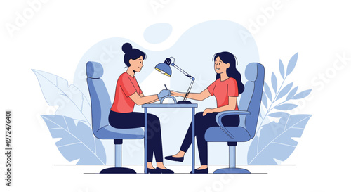 Woman receives a professional manicure at a salon from a nail technician, highlighting a beauty treatment and self-care experience in a serene environment.