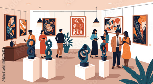 Diverse group of visitors explores a modern art gallery, admiring various abstract paintings and sculptures in a vibrant and engaging exhibition space.