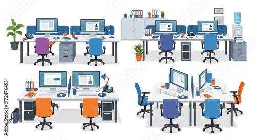 Modern office interior with computers and chairs.