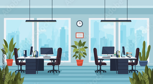 Modern Office Interior With Desks Computers and Plants.