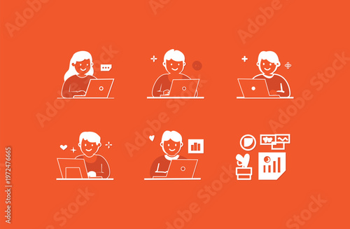 Creative business teamwork illustration showing group collaboration with laptop cloud technology data analysis and project workflow in modern minimal blue flat design style