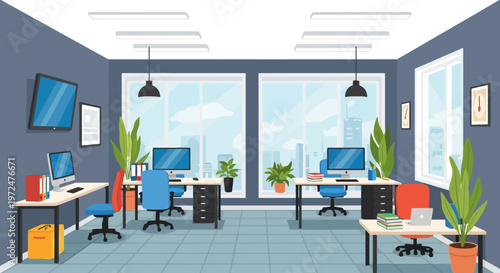 Modern office interior with desks computers and plants.